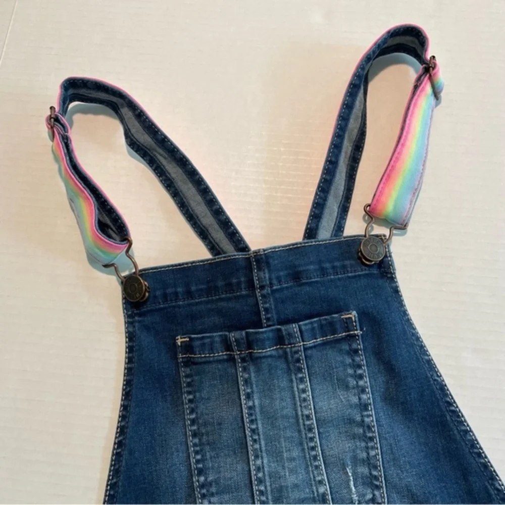 Justice Blue Denim Shortalls Multicolor straps Big Girl Size 18/ Fit Women’s S/M